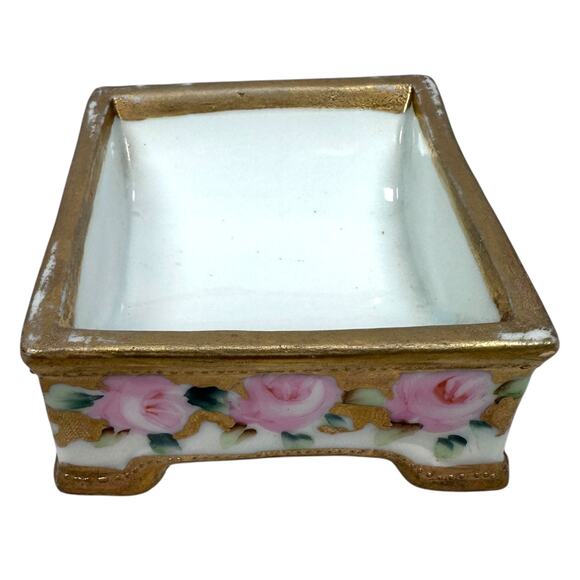 Vintage Nippon Trinket Dish 3.25" Gold Pink Rose Square Porcelain Hand-Painted - Picture 4 of 10